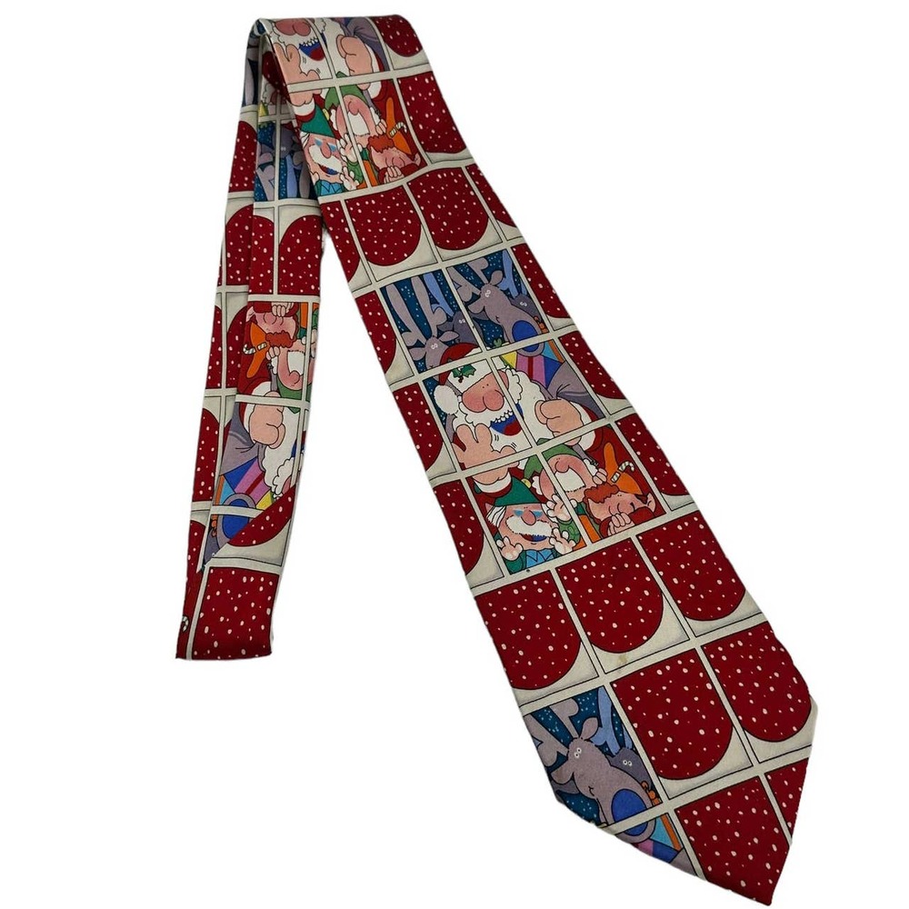 CHRISTMAS HOLIDAY SANTA REINDEER RED WHITE ALL OVER PRINT MEN’S SILK TIE